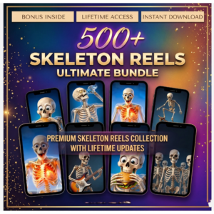 An infographic advertisement from CraftedPixl promoting 'The Ultimate Skeleton Reel Bundle for Indian Creators' to 'Dominate Social Media'. The image displays five vertical smartphone mockups with unique skeleton animation reels. Key examples feature Hindi meme text: 'शर्मा जी का बेटा VS. आप' (Sharma Ji ka Beta vs. Aap) at a detailed tea stall; a mischievous text bubble reading 'आज कुछ तूफानी करते हैं!' (Today let's do something daring!); and darker, caution-themed skeleton groups on gold pedestals with the text 'सावधान' (Saavadhaan). Text details a three-step 'HOW IT WORKS' process to download, personalize, and go viral with a gold 'GET THE BUNDLE NOW' call-to-action button against a copper and gold background.