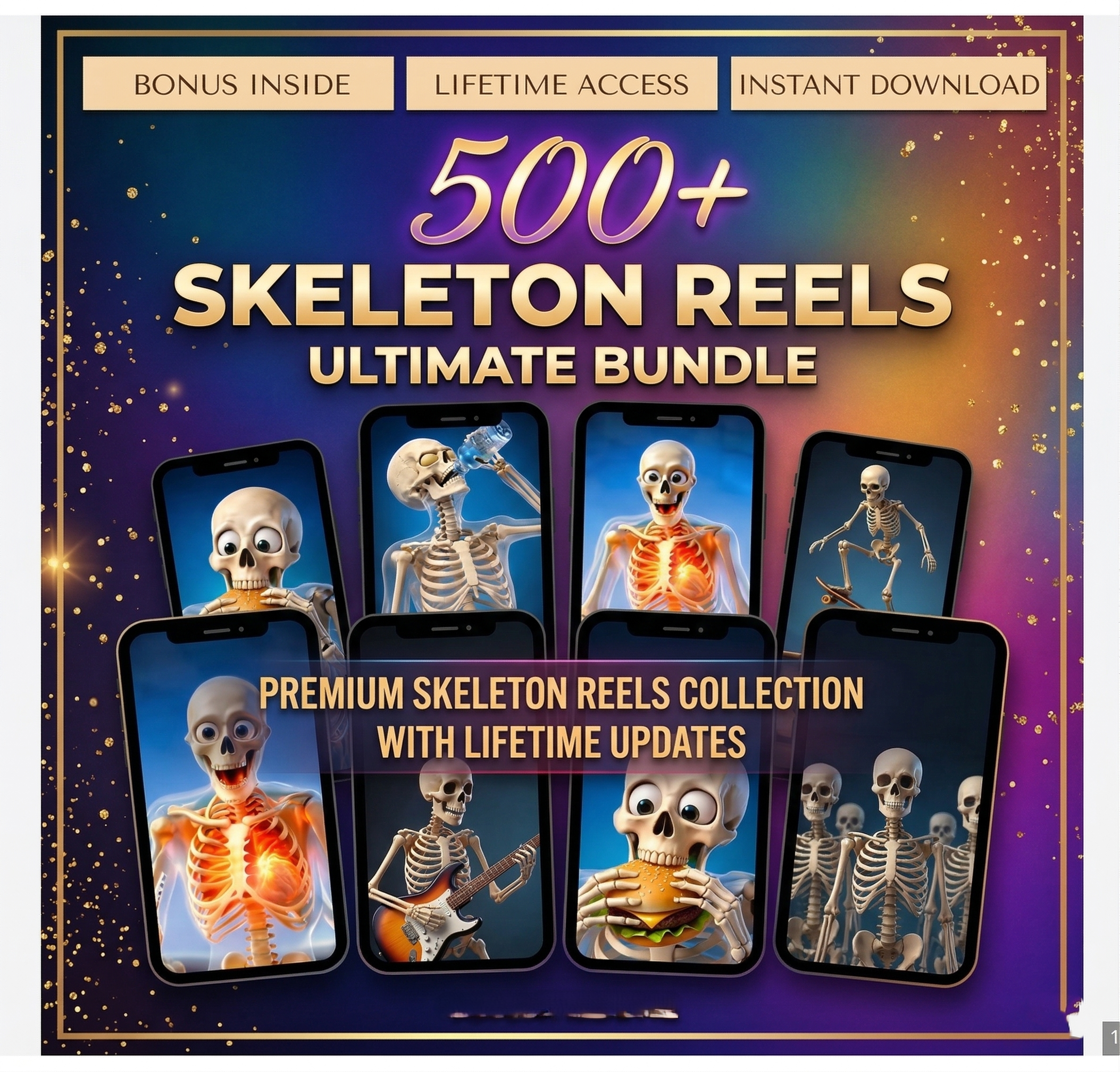 craftedpixl-ultimate-skeleton-reel-bundle-indian-creators.jpg An infographic advertisement from CraftedPixl promoting 'The Ultimate Skeleton Reel Bundle for Indian Creators' to 'Dominate Social Media'. The image displays five vertical smartphone mockups with unique skeleton animation reels. Key examples feature Hindi meme text: 'शर्मा जी का बेटा VS. आप' (Sharma Ji ka Beta vs. Aap) at a detailed tea stall; a mischievous text bubble reading 'आज कुछ तूफानी करते हैं!' (Today let's do something daring!); and darker, caution-themed skeleton groups on gold pedestals with the text 'सावधान' (Saavadhaan). Text details a three-step 'HOW IT WORKS' process to download, personalize, and go viral with a gold 'GET THE BUNDLE NOW' call-to-action button against a copper and gold background.